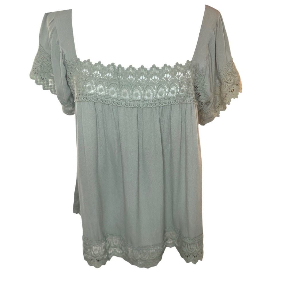 Papillon Sage Crinkle Lace Top Womens Large Green Crochet Boho Blouse PT-14060 - Picture 6 of 8